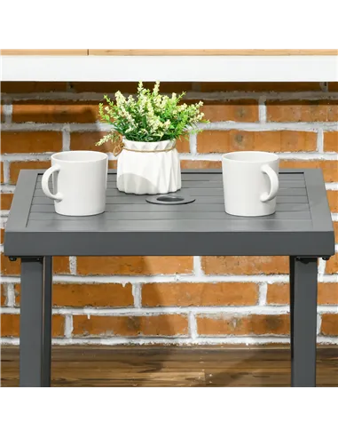 Outsunny Garden Side Table, 51x51cm Square Patio Coffee Table with Umbrella Hole, End Table with Steel Frame for Balcony, Grey