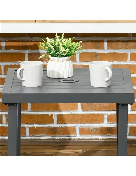 Outsunny Garden Side Table, 51x51cm Square Patio Coffee Table with Umbrella Hole, End Table with Steel Frame for Balcony, Grey