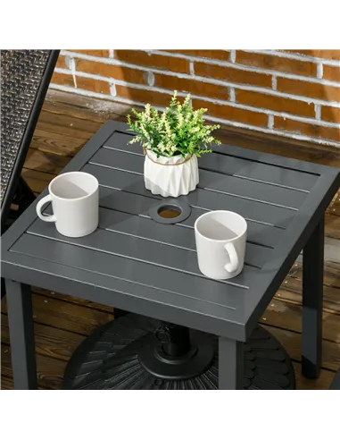 Outsunny Garden Side Table, 51x51cm Square Patio Coffee Table with Umbrella Hole, End Table with Steel Frame for Balcony, Grey