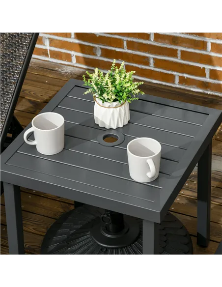 Outsunny Garden Side Table, 51x51cm Square Patio Coffee Table with Umbrella Hole, End Table with Steel Frame for Balcony, Grey