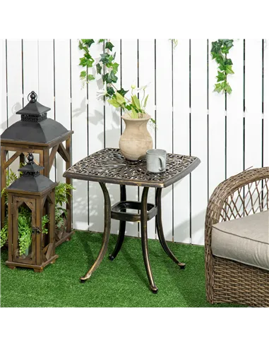 Outsunny Outdoor Patio Side Table with 38mm Dia. Umbrella Hole, Cast Aluminium Patio coffee Table, 54 x 54cm, Bronze Tone