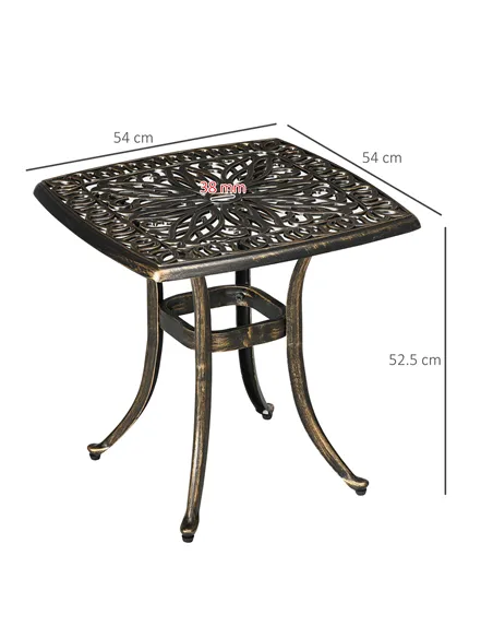 Outsunny Outdoor Patio Side Table with 38mm Dia. Umbrella Hole, Cast Aluminium Patio coffee Table, 54 x 54cm, Bronze Tone