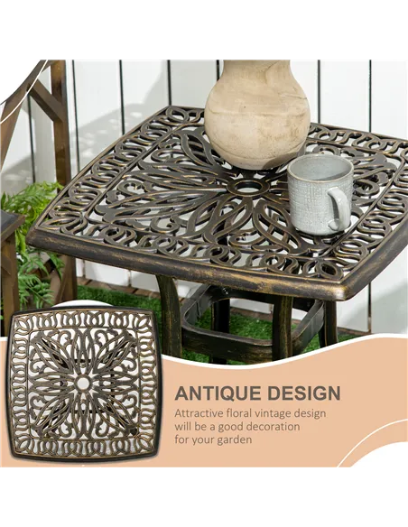 Outsunny Outdoor Patio Side Table with 38mm Dia. Umbrella Hole, Cast Aluminium Patio coffee Table, 54 x 54cm, Bronze Tone
