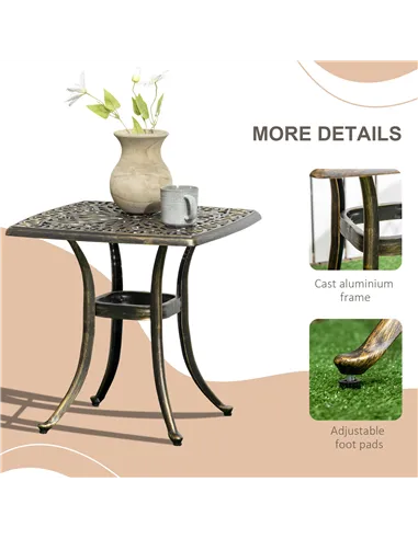 Outsunny Outdoor Patio Side Table with 38mm Dia. Umbrella Hole, Cast Aluminium Patio coffee Table, 54 x 54cm, Bronze Tone