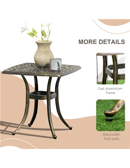 Outsunny Outdoor Patio Side Table with 38mm Dia. Umbrella Hole, Cast Aluminium Patio coffee Table, 54 x 54cm, Bronze Tone