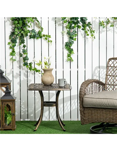 Outsunny Outdoor Patio Side Table with 38mm Dia. Umbrella Hole, Cast Aluminium Patio coffee Table, 54 x 54cm, Bronze Tone