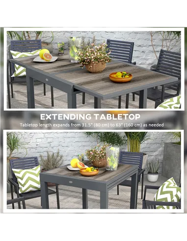 Outsunny Extending Garden Table, Outdoor Dining Table for 6, Aluminium Frame Rectangular Patio Table with Plastic Board Tabletop
