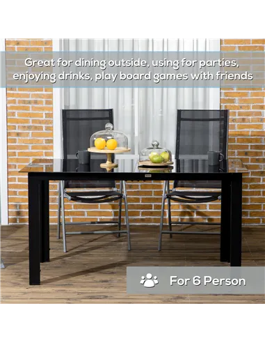 Outsunny Outdoor Dining Table for 6, Aluminium Rectangular Garden Table with Tempered Glass Tabletop for Yard, Patio, Black