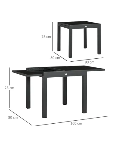 Outsunny Extending Garden Table, Outdoor Dining Table with Aluminium Frame and Tempered Glass Tabletop, 80/160 x 80 x 75 cm, Bla