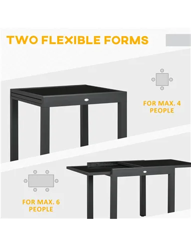 Outsunny Extending Garden Table, Outdoor Dining Table with Aluminium Frame and Tempered Glass Tabletop, 80/160 x 80 x 75 cm, Bla