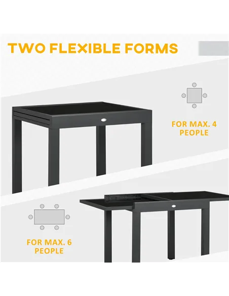 Outsunny Extending Garden Table, Outdoor Dining Table with Aluminium Frame and Tempered Glass Tabletop, 80/160 x 80 x 75 cm, Bla