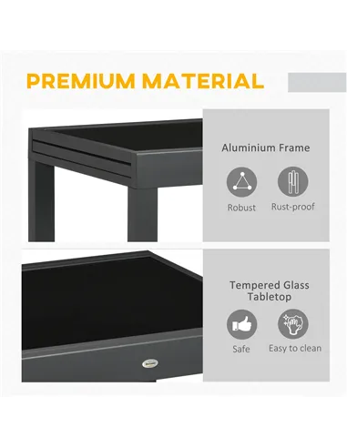 Outsunny Extending Garden Table, Outdoor Dining Table with Aluminium Frame and Tempered Glass Tabletop, 80/160 x 80 x 75 cm, Bla