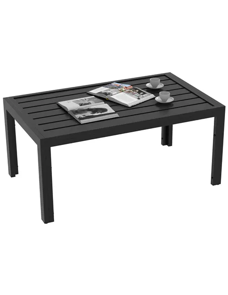 Outsunny Outdoor Side Table, Rectangular Patio Coffee Side Table with Steel Frame and Slat Tabletop for Garden, Balcony, Black