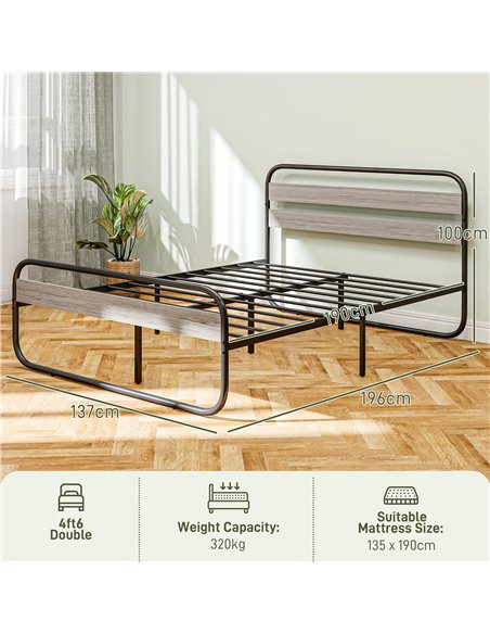 HOMCOM 4ft6 Double Bed Frame, Industrial Style Metal Platform Bed Frame with Under Bed Storage, No Box Spring Needed, Easy Assem