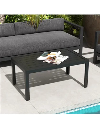 Outsunny Outdoor Side Table, Rectangular Patio Coffee Side Table with Steel Frame and Slat Tabletop for Garden, Balcony, Black