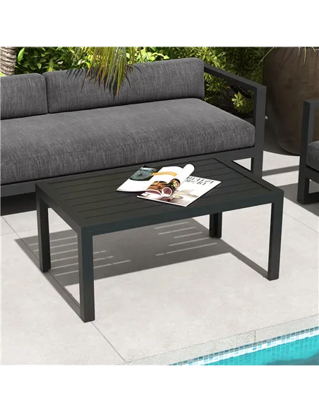 Outsunny Outdoor Side Table, Rectangular Patio Coffee Side Table with Steel Frame and Slat Tabletop for Garden, Balcony, Black