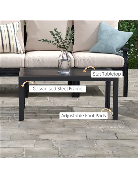 Outsunny Outdoor Side Table, Rectangular Patio Coffee Side Table with Steel Frame and Slat Tabletop for Garden, Balcony, Black