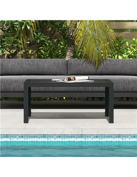 Outsunny Outdoor Side Table, Rectangular Patio Coffee Side Table with Steel Frame and Slat Tabletop for Garden, Balcony, Black