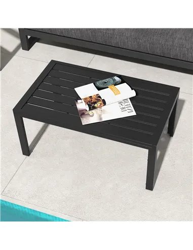 Outsunny Outdoor Side Table, Rectangular Patio Coffee Side Table with Steel Frame and Slat Tabletop for Garden, Balcony, Black