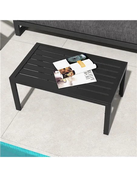 Outsunny Outdoor Side Table, Rectangular Patio Coffee Side Table with Steel Frame and Slat Tabletop for Garden, Balcony, Black