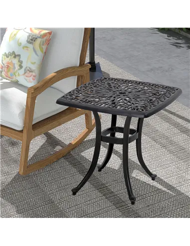 Outsunny Cast Aluminium Bistro Table, Outdoor Square Side Table with Umbrella Hole, Garden Table for Balcony, Bronze Tone