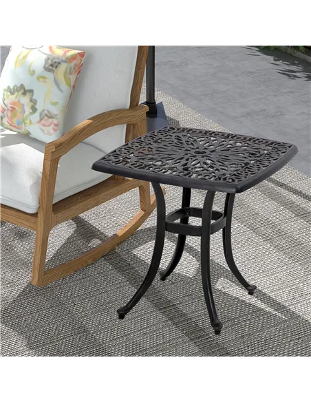 Outsunny Cast Aluminium Bistro Table, Outdoor Square Side Table with Umbrella Hole, Garden Table for Balcony, Bronze Tone
