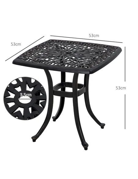 Outsunny Cast Aluminium Bistro Table, Outdoor Square Side Table with Umbrella Hole, Garden Table for Balcony, Bronze Tone