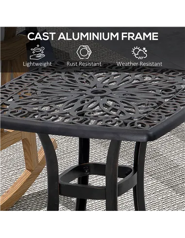 Outsunny Cast Aluminium Bistro Table, Outdoor Square Side Table with Umbrella Hole, Garden Table for Balcony, Bronze Tone