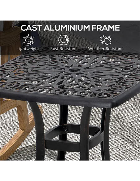 Outsunny Cast Aluminium Bistro Table, Outdoor Square Side Table with Umbrella Hole, Garden Table for Balcony, Bronze Tone