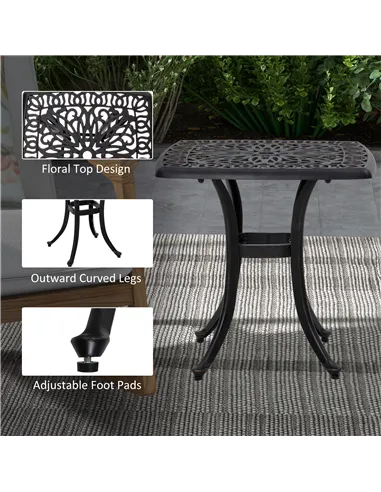 Outsunny Cast Aluminium Bistro Table, Outdoor Square Side Table with Umbrella Hole, Garden Table for Balcony, Bronze Tone