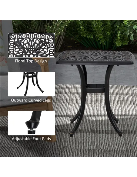 Outsunny Cast Aluminium Bistro Table, Outdoor Square Side Table with Umbrella Hole, Garden Table for Balcony, Bronze Tone