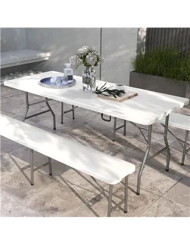 Outsunny Folding Garden Table, 180 x 75cm Rectangular HDPE Outdoor Picnic Table for 6, Metal Frame for Patio, Park, White
