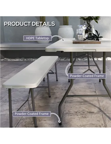 Outsunny Folding Garden Table, 180 x 75cm Rectangular HDPE Outdoor Picnic Table for 6, Metal Frame for Patio, Park, White
