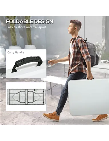 Outsunny Folding Garden Table, 180 x 75cm Rectangular HDPE Outdoor Picnic Table for 6, Metal Frame for Patio, Park, White