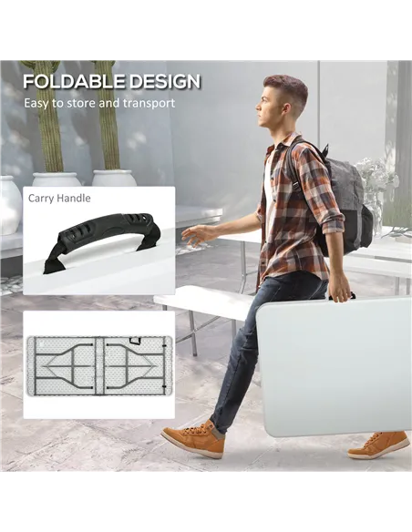 Outsunny Folding Garden Table, 180 x 75cm Rectangular HDPE Outdoor Picnic Table for 6, Metal Frame for Patio, Park, White