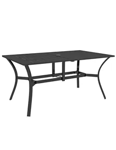 Outsunny Rectangle Garden Dining Table with Parasol Hole, Patio Table with Steel Frame and Slat Tabletop, 150cm x 90cm, Black