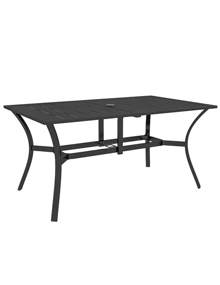 Outsunny Rectangle Garden Dining Table with Parasol Hole, Patio Table with Steel Frame and Slat Tabletop, 150cm x 90cm, Black