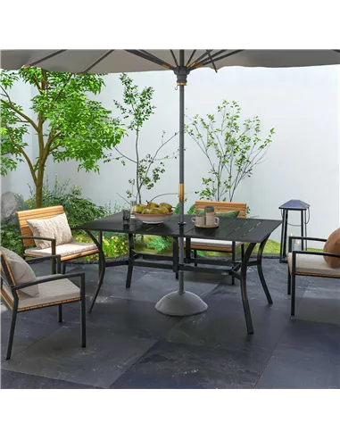 Outsunny Rectangle Garden Dining Table with Parasol Hole, Patio Table with Steel Frame and Slat Tabletop, 150cm x 90cm, Black