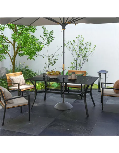 Outsunny Rectangle Garden Dining Table with Parasol Hole, Patio Table with Steel Frame and Slat Tabletop, 150cm x 90cm, Black
