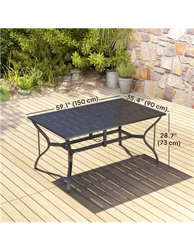 Outsunny Rectangle Garden Dining Table with Parasol Hole, Patio Table with Steel Frame and Slat Tabletop, 150cm x 90cm, Black