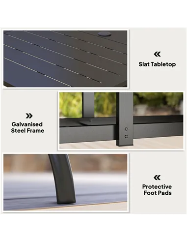 Outsunny Rectangle Garden Dining Table with Parasol Hole, Patio Table with Steel Frame and Slat Tabletop, 150cm x 90cm, Black