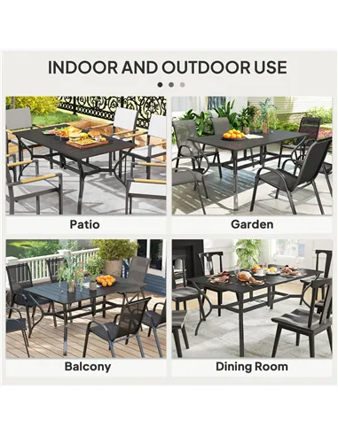 Outsunny Rectangle Garden Dining Table with Parasol Hole, Patio Table with Steel Frame and Slat Tabletop, 150cm x 90cm, Black