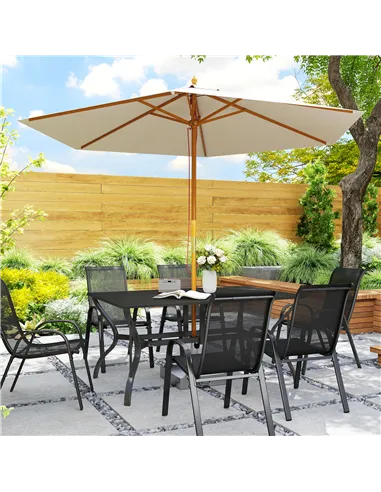 Outsunny Rectangle Garden Dining Table with Parasol Hole, Patio Table with Steel Frame and Slat Tabletop, 150cm x 90cm, Black