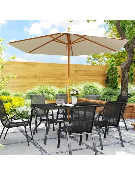 Outsunny Rectangle Garden Dining Table with Parasol Hole, Patio Table with Steel Frame and Slat Tabletop, 150cm x 90cm, Black