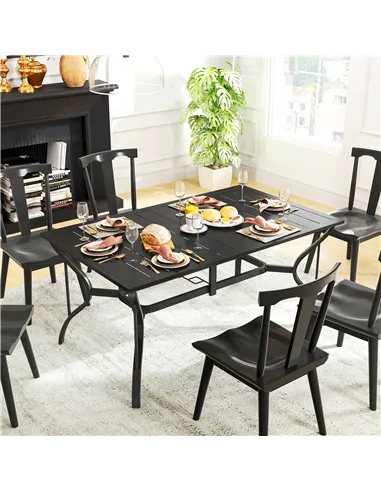 Outsunny Rectangle Garden Dining Table with Parasol Hole, Patio Table with Steel Frame and Slat Tabletop, 150cm x 90cm, Black