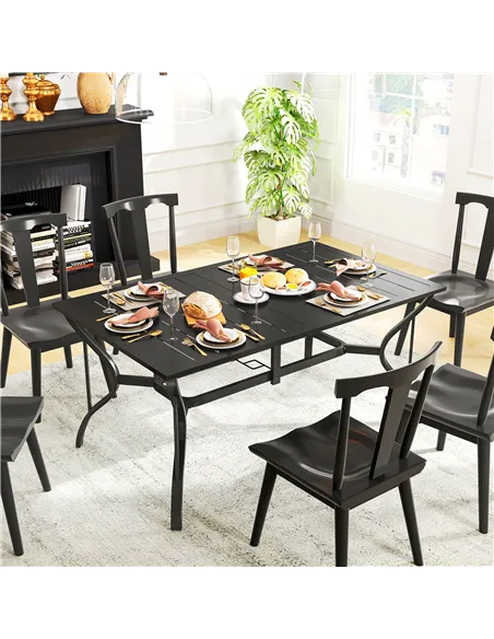 Outsunny Rectangle Garden Dining Table with Parasol Hole, Patio Table with Steel Frame and Slat Tabletop, 150cm x 90cm, Black