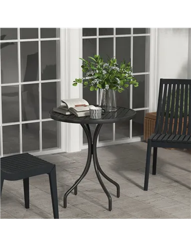 Outsunny 66cm Patio Table, Round Garden Table, Outdoor Side Table with Steel Frame and Slat Tabletop, Black