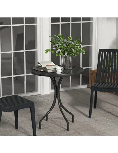 Outsunny 66cm Patio Table, Round Garden Table, Outdoor Side Table with Steel Frame and Slat Tabletop, Black