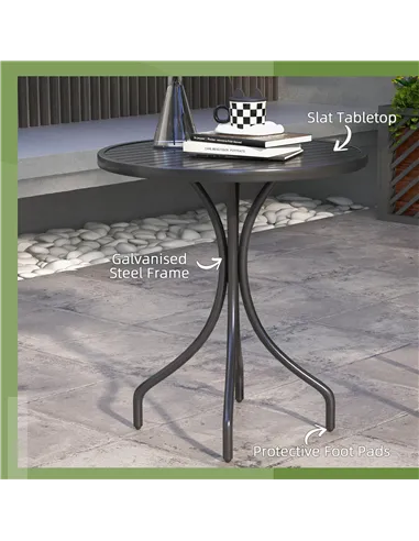 Outsunny 66cm Patio Table, Round Garden Table, Outdoor Side Table with Steel Frame and Slat Tabletop, Black