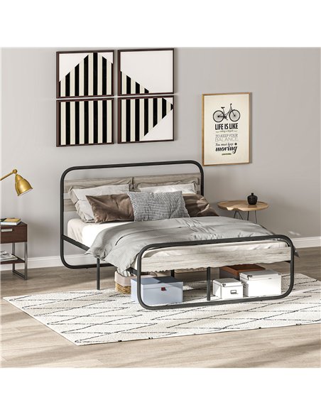 HOMCOM 4ft6 Double Bed Frame, Industrial Style Metal Platform Bed Frame with Under Bed Storage, No Box Spring Needed, Easy Assem